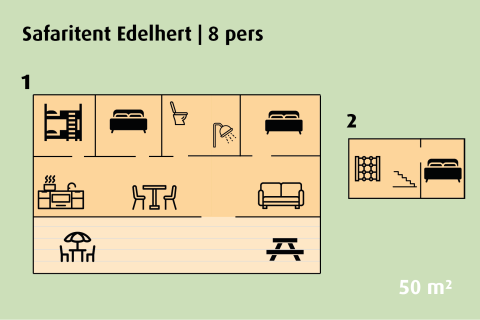 Planimetria della tenda safari Edelhert per 8 persone presso Holiday park Ackersate, Olanda, 2 piani, 50 m².