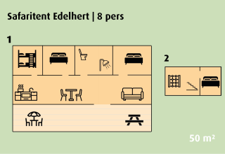 Plano del safari tent Edelhert para 8 personas en Holiday park Ackersate, Países Bajos, dos pisos, 50 m².