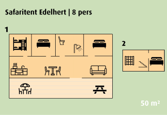 Plattegrond van safaritent Edelhert voor 8 personen op Vakantiepark Ackersate, Nederland, twee verdiepingen, 50 m².