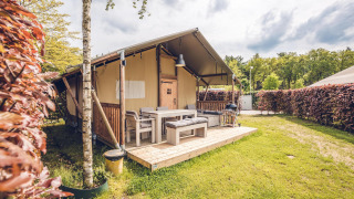 Safari-telt 'Vos' med træterrasse og havemøbler i ferieland Ackersate i Holland, omgivet af grønne hække.
