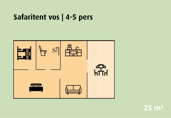Plattegrond van safaritent Vos op Vakantiepark Ackersate, Nederland, geschikt voor 4-5 personen, 25 m².