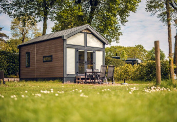 Acogedora tiny house en Holiday park Ackersate, Países Bajos, rodeada de naturaleza y jardín bien cuidado.