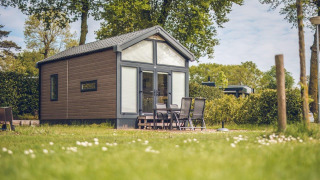 Gezellig tiny house in vakantiepark Ackersate in Nederland, gelegen in een groene tuin met terrasmeubilair.