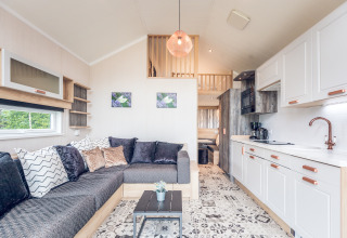 Interior moderno de tiny house en Holiday park Ackersate, Países Bajos, con cocina y acogedora sala de estar.