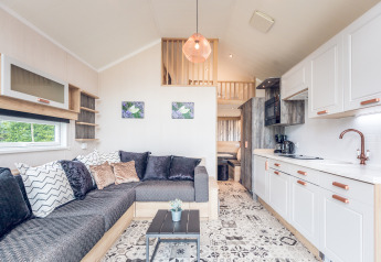 Interno moderno di una tiny house al Holiday park Ackersate nei Paesi Bassi, con cucina e soggiorno accogliente.
