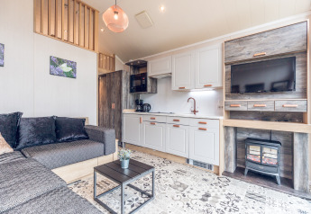 Lys og moderne stue og tekøkken i et tiny house på Holiday park Ackersate i Holland, med sofa og TV.