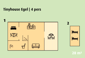 Plattegrond van Tinyhouse Egel op Holiday park Ackersate, Nederland, voor 4 personen, 28 m² woonruimte.