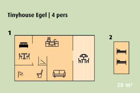 Floor plan of Tinyhouse Egel at Holiday park Ackersate, Netherlands for 4 people, with 28 m² living space.