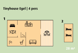 Floor plan of Tinyhouse Egel at Holiday park Ackersate, Netherlands for 4 people, with 28 m² living space.