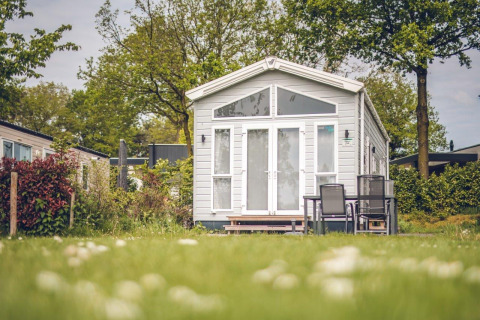 Tiny house lodge at Holiday park Ackersate in the Netherlands, surrounded by a green lawn and trees.