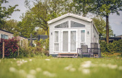 Tiny house lodge op Holiday park Ackersate in Nederland, omgeven door grasveld en groene bomen.