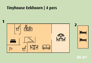 Grondplan van Tinyhouse Eekhoorn voor 4 personen in vakantiepark Ackersate in Nederland, 40 m² groot.