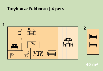 Plantegning af Tinyhouse Eekhoorn for 4 personer på Holiday park Ackersate i Holland, 40 m² layout.