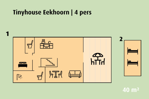 Floor plan of Tinyhouse Eekhoorn for 4 people at Holiday park Ackersate in the Netherlands, 40 m² layout.