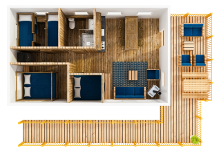 Bovenaanzicht van de Water Lodge WL bij Holiday Park BreeBronne, Nederland, met ruim terras en kamers.