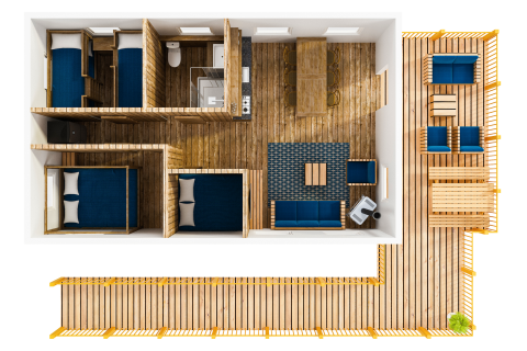 Bovenaanzicht van Water Lodge WL bij Holiday Park BreeBronne, Nederland, met houten terras en inrichting.