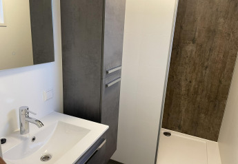 Bathroom in Wood Cottage at Holiday park De Witte Berg with sink, cabinet and shower in the Netherlands.