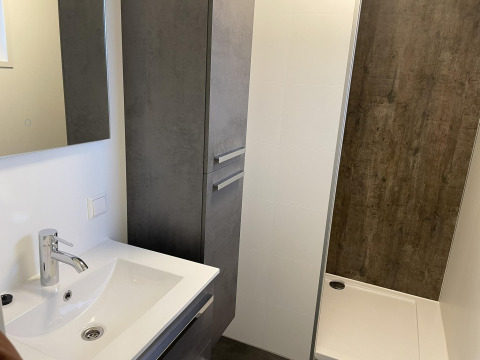 Badeværelse i Wood Cottage på Holiday park De Witte Berg med håndvask, skab og bruser i Holland.