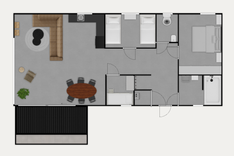 Plattegrond van Wood Cottage bij Holiday park De Witte Berg in Nederland met twee slaapkamers en leefruimte.