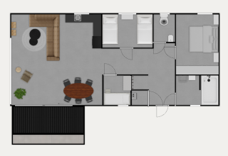 Plano de planta de Wood Cottage en Holiday park De Witte Berg, Países Bajos, con dos dormitorios y salón.