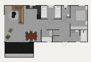 Plan du Wood Cottage au Holiday park De Witte Berg, Pays-Bas, avec deux chambres et un espace salon.