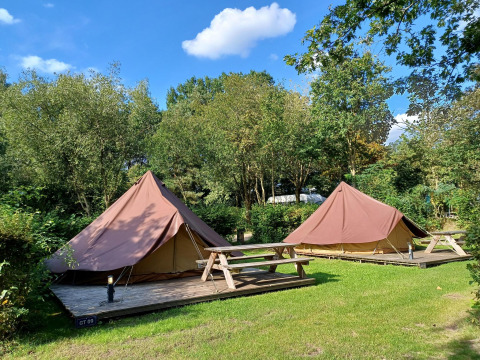 Dos tiendas Glamptent GT y mesas de picnic en Holiday Park BreeBronne, Países Bajos, rodeadas de árboles.