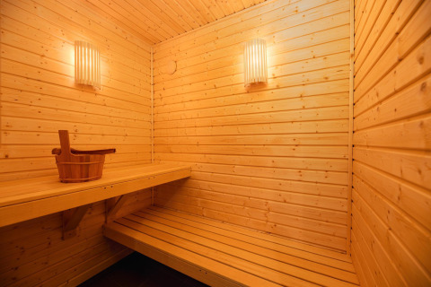 Indvendig udsigt til en oplyst træsauna med bænk og spand på Wellness Lodge + jacuzzi + sauna i Vakantiepark Hölte.