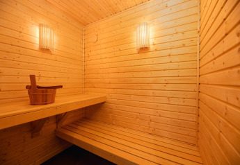 Indvendig udsigt til en oplyst træsauna med bænk og spand på Wellness Lodge + jacuzzi + sauna i Vakantiepark Hölte.