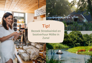 Vrouw in een streekwinkel, charmante lodge en varen tussen koeien bij Vakantiepark Hölte in Nederland.