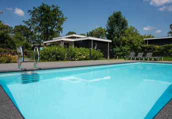 Piscina exterior junto a alojamiento glamping moderno con tumbonas y vegetación verde en un día soleado