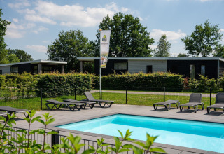 Cabañas glamping modernas y piscina al aire libre con tumbonas, rodeadas de vegetación y cielo azul.