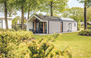 Lodge moderno llamado Ecovilla en Holiday park Ackersate, Países Bajos, rodeado de césped y vegetación.