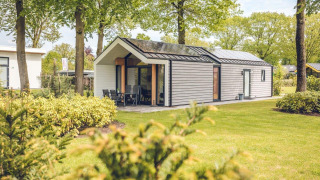 Moderno lodge Ecovilla presso Holiday park Ackersate, Paesi Bassi, circondato da alberi ed erba verde.