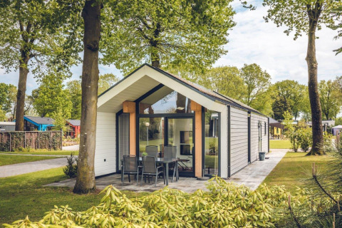 Lodge Ecovilla en Holiday park Ackersate, Países Bajos, rodeado de árboles verdes y terraza moderna.
