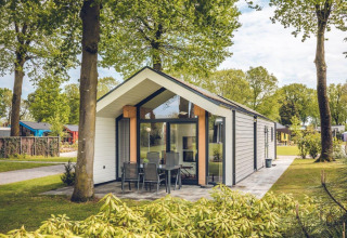 Lodge Ecovilla en Holiday park Ackersate, Países Bajos, rodeado de árboles verdes y terraza moderna.