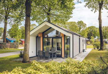 Lodge Ecovilla en Holiday park Ackersate, Países Bajos, rodeado de árboles verdes y terraza moderna.
