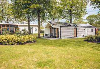 Lodges Ecovilla modernos en Holiday Park Ackersate, Países Bajos, entre árboles y césped verde.