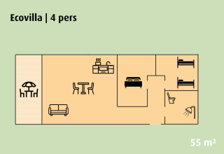Planimetria Ecovilla per 4 persone al Holiday park Ackersate, con terrazza, camere e bagno.