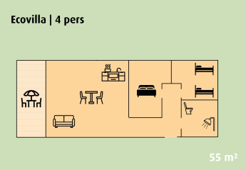 Plano de Ecovilla para 4 personas en Holiday park Ackersate con terraza, sala, 2 dormitorios y baño.
