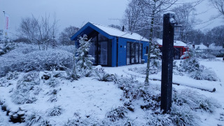 Cabaña de caza con sauna cubierta de nieve en el parque Holiday Ackersate, Países Bajos, rodeada de árboles.