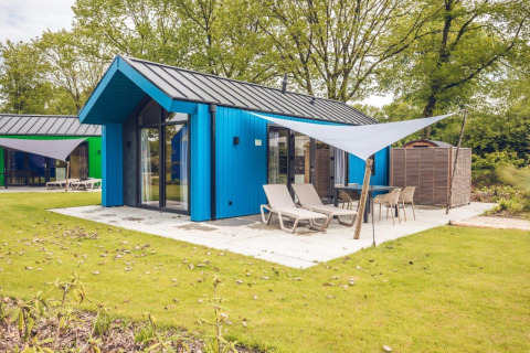 Blåt jagthytte med sauna og terrasse ved Holiday park Ackersate, omringet af grønt og have i Holland.