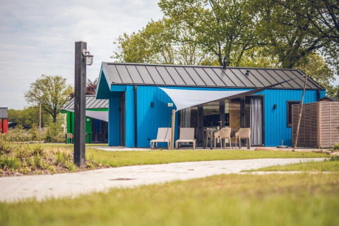Moderno chalet de caza con sauna en Holiday park Ackersate, Países Bajos, rodeado de vegetación y césped.
