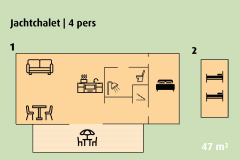 Plano de Jachtchalet para 4 personas con dos dormitorios, cocina, sala de estar y terraza, 47 m².