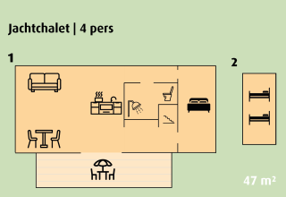 Floor plan of a Jachtchalet for 4 people with two bedrooms, kitchen, living area, and terrace, 47 m².
