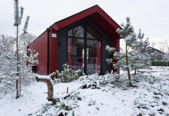 Chalet da caccia rosso all'Holiday park Ackersate, Paesi Bassi, circondato da neve e pini in inverno.