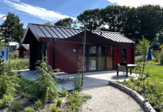 Hunting chalet at Holiday Park Ackersate in the Netherlands, featuring patio seating and lush garden.