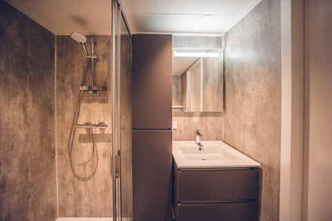 Modern bathroom with shower and sink at Hunting chalet in Holiday park Ackersate, Netherlands.