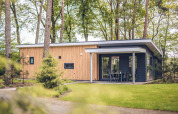 Villa forestal moderna en el Holiday Park Ackersate, Países Bajos, rodeada de vegetación y árboles. Vista exterior.