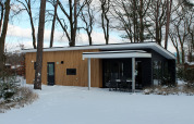 Moderna cabaña Forest Villa en un entorno nevado en Holiday park Ackersate, Países Bajos, junto a árboles altos.