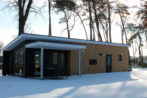 Forest Villa-lodge in Holiday park Ackersate, Nederland, van buiten gezien in de winter met sneeuw eromheen.